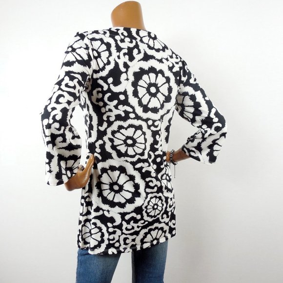 INC Top M Tunic Shirt Black/White Print Beaded Keyhole Stretch Blouse 3/4 Sleeve - Picture 10 of 13